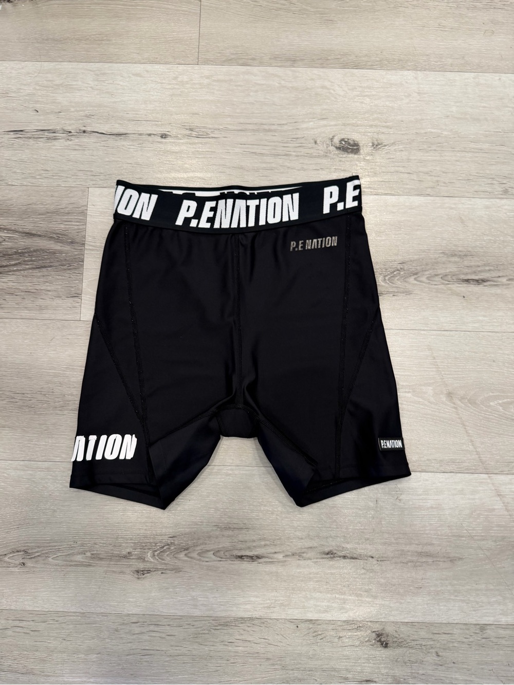 P.E Nation Black and White Logo Elastic Waist Bike Shorts
